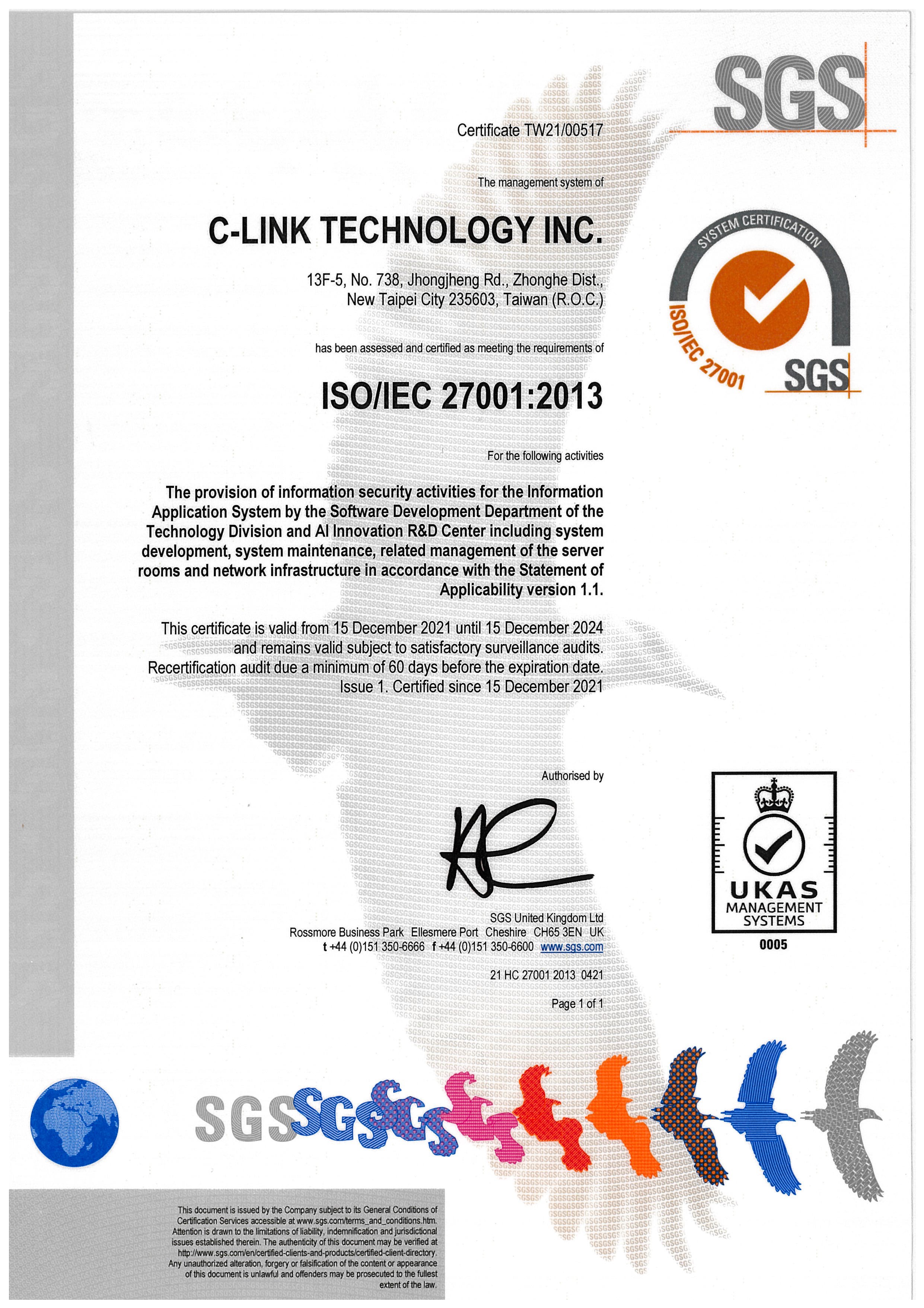C-Link Technology INC. verified its information security level by obtaining ISO 27001